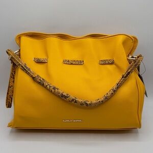 Yellow and Brown Shoulder Bag with Snake Print Strap